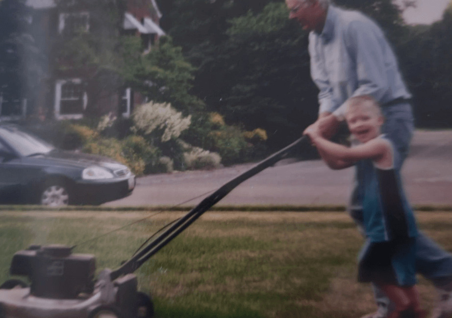 Mowing the lawn with Grandpa.